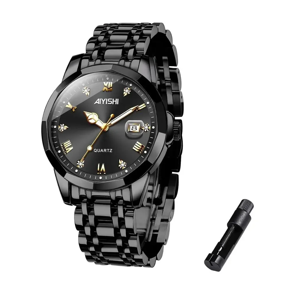 Men's Watch Stainless Steel Analog Quartz, Roman Numerals, Waterproof, Black